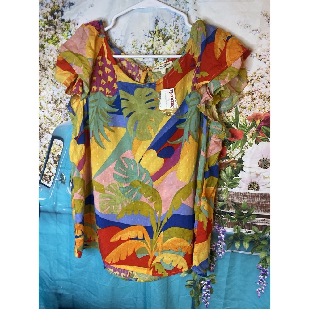 Christian Siriano New York Tropical Pineapple Flutter Sleeve Top XLarge
